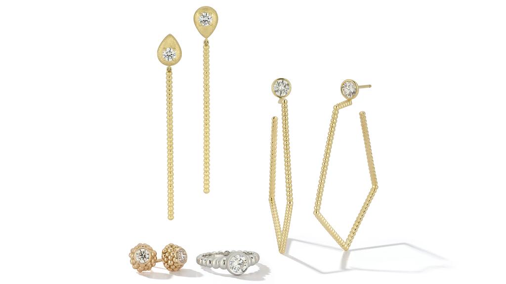 Lola Oladunjoye’s collection, “Beaded” consists of, clockwise from left, the 18-karat gold “Edan Staff” earrings ($8,330 retail), the 18-karat “Pentagon IV” earrings with 1.4 carats of diamonds ($17,275), a 1-carat diamond solitaire ring in 18-karat brushed white gold ($25,775), and the 1-carat total weight “Téton” earrings in 18-karat rose gold ($11,300). 20220714_Lola Oladunjoye group.jpg